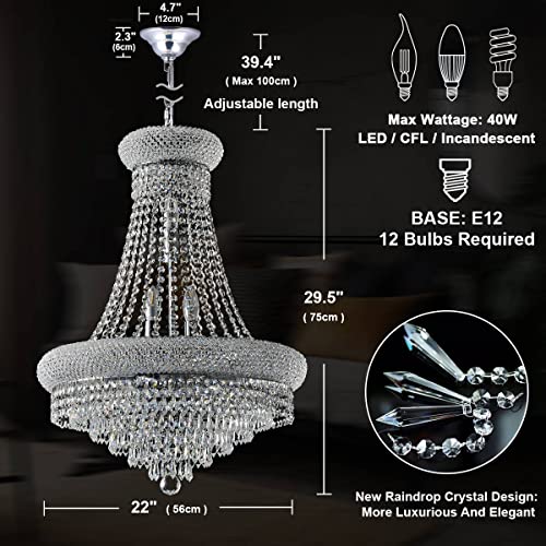 BEIRIO 12-Lights Chrome Finish Classic Empire Style K9 Drop Crystal Chandelier Ceiling Light Fixture for Living Room Foyer Dining Room Hallway Bedroom (22×29.5 inch) New Packaging Easy to Install