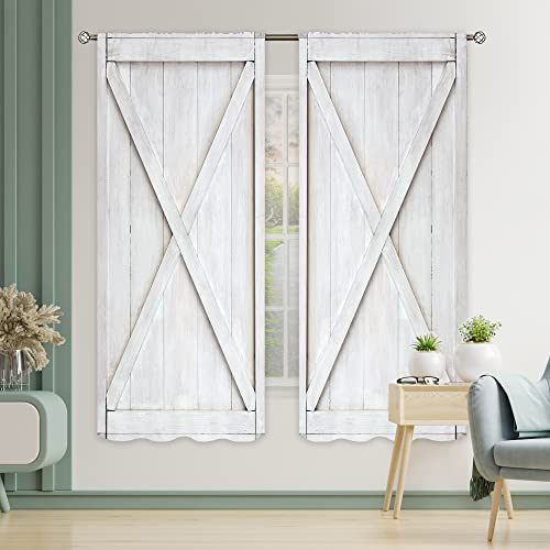 Cinbloo Rustic Barn Door Curtains 42Wx63H Inch Rod Pocket Farmhouse White Wooden Barnwood Art Printed Country Western Cabin Retro Wood Planks Living Room Bedroom Window Drapes Treatment Fabric 2 Panel