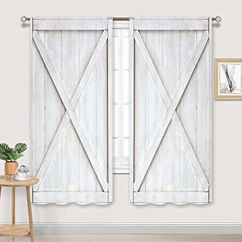 Cinbloo Rustic Barn Door Curtains 42Wx63H Inch Rod Pocket Farmhouse White Wooden Barnwood Art Printed Country Western Cabin Retro Wood Planks Living Room Bedroom Window Drapes Treatment Fabric 2 Panel