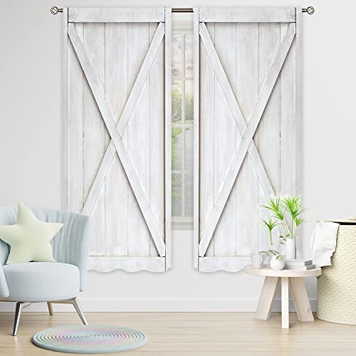 Cinbloo Rustic Barn Door Curtains 42Wx63H Inch Rod Pocket Farmhouse White Wooden Barnwood Art Printed Country Western Cabin Retro Wood Planks Living Room Bedroom Window Drapes Treatment Fabric 2 Panel