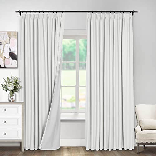 Macochico White Liner Pinch Pleat Curtain 120 Inches Long, Window Treatment Curtain Panel Double Layer Room Darkening Lined Curtain for Living Room,White,50W x 120L,2 Panels