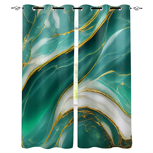 Marble Texture Home Decor Blackout Curtains Room Darkening Curtains Abstract Teal Golden Cracked Lines Window Treatment Thermal Insulated Drapes for Living Room Bedroom, 2 Panels, 52" x 84" x 2