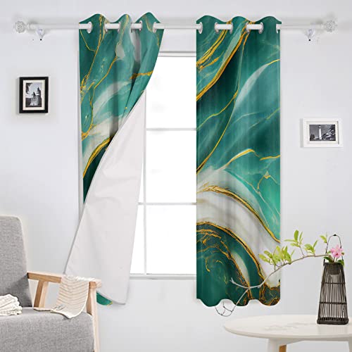 Marble Texture Home Decor Blackout Curtains Room Darkening Curtains Abstract Teal Golden Cracked Lines Window Treatment Thermal Insulated Drapes for Living Room Bedroom, 2 Panels, 52" x 84" x 2