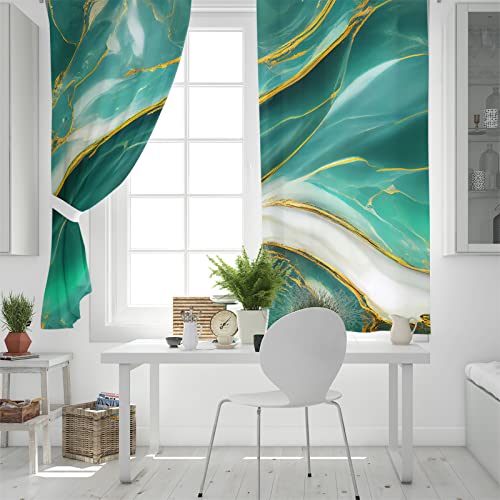 Marble Texture Home Decor Blackout Curtains Room Darkening Curtains Abstract Teal Golden Cracked Lines Window Treatment Thermal Insulated Drapes for Living Room Bedroom, 2 Panels, 52" x 84" x 2