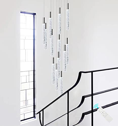 12-lights Crystal Light Chandeliers LED Crystal Lights Modern Pendant Nickel Light Fixtures Remote Dimmable Light 118"H Raindrop Chandelier Fixtures for Living Room Foyer Staircase Hallway Lamp