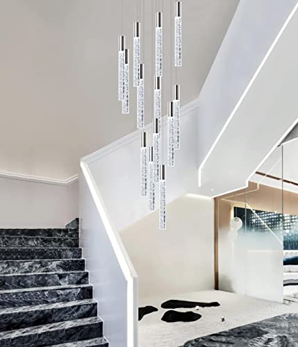 12-lights Crystal Light Chandeliers LED Crystal Lights Modern Pendant Nickel Light Fixtures Remote Dimmable Light 118"H Raindrop Chandelier Fixtures for Living Room Foyer Staircase Hallway Lamp