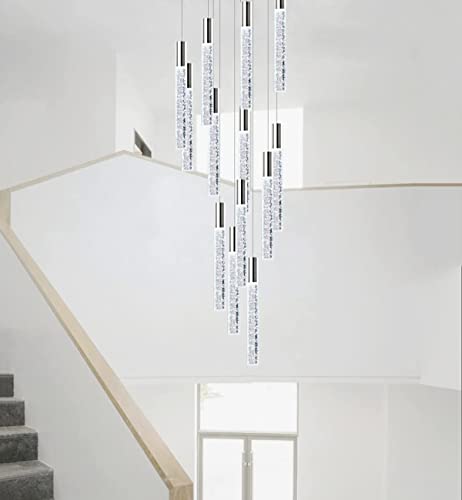 12-lights Crystal Light Chandeliers LED Crystal Lights Modern Pendant Nickel Light Fixtures Remote Dimmable Light 118"H Raindrop Chandelier Fixtures for Living Room Foyer Staircase Hallway Lamp