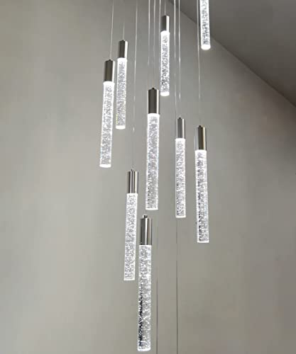 12-lights Crystal Light Chandeliers LED Crystal Lights Modern Pendant Nickel Light Fixtures Remote Dimmable Light 118"H Raindrop Chandelier Fixtures for Living Room Foyer Staircase Hallway Lamp