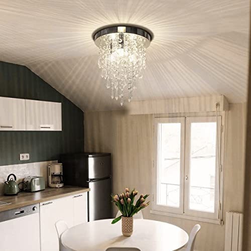 3 Lights Mini Crystal Flushmount Chandelier Fixture, Crystal Ceiling Lamp, H10.4 X W9.8, Elegant Modern Flush Mount Ceiling Light for Bedroom, Hallway, Bar, Living Room, Dining Room, Chrome(G9 Base)