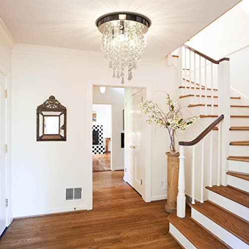 3 Lights Mini Crystal Flushmount Chandelier Fixture, Crystal Ceiling Lamp, H10.4 X W9.8, Elegant Modern Flush Mount Ceiling Light for Bedroom, Hallway, Bar, Living Room, Dining Room, Chrome(G9 Base)