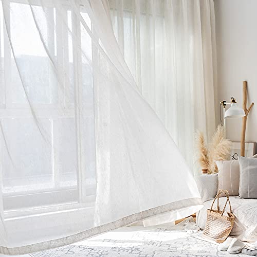 ILUOGUDU Natural Linen Blended Sheer Curtains 63 Inch Length for Bedroom 2 Panels Pinch Pleated Light Filtering Sheer Beige Curtains for Living Room Dining Sand Beach Decor (72" W x 63" L x 2)