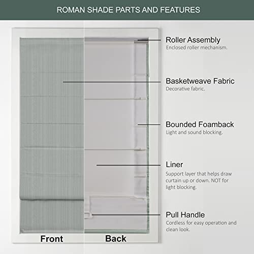 Madison Park Galen Cordless Roman Shades - Fabric Privacy Single Panel Darkening, Energy Efficient, Thermal Insulated Window Blind Treatment, for Bedroom, Living Room Decor, 34" x 64" Green