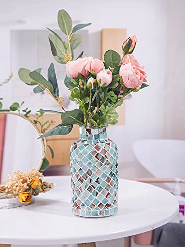 Classic Mosaic Flower Vase for Home Decor, 8”(H) Glass Handmade Table Centerpiece Container for Office, Living Room Kitchen, Wedding. (Summer Road)