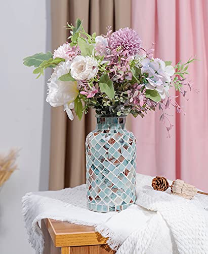 Classic Mosaic Flower Vase for Home Decor, 8”(H) Glass Handmade Table Centerpiece Container for Office, Living Room Kitchen, Wedding. (Summer Road)