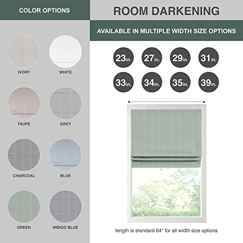 Madison Park Galen Cordless Roman Shades - Fabric Privacy Single Panel Darkening, Energy Efficient, Thermal Insulated Window Blind Treatment, for Bedroom, Living Room Decor, 34" x 64" Green