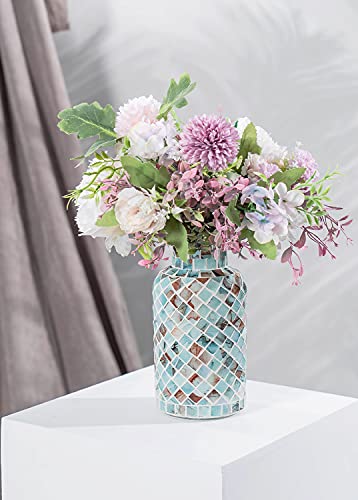 Classic Mosaic Flower Vase for Home Decor, 8”(H) Glass Handmade Table Centerpiece Container for Office, Living Room Kitchen, Wedding. (Summer Road)