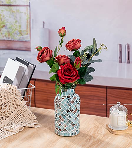 Classic Mosaic Flower Vase for Home Decor, 8”(H) Glass Handmade Table Centerpiece Container for Office, Living Room Kitchen, Wedding. (Summer Road)
