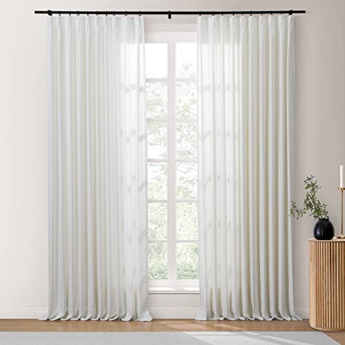 TWOPAGES Beige White Linen Textured Curtains 84 Inches Long Cotton Pinch Pleated Drapes for Living Room, Heavyweight Light Filtering Curtains Window Treatment (2 Panels, 26 x 84 Inches)