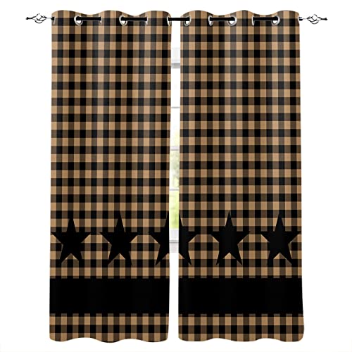 BOBOWUNY Texas Barn Stars Blackout Curtains 63 Inches Length, Rustic Country Cabin Star Plaid Brown Farmhouse Window Treatment Thermal Insulated Drapes for Bedroom Living Room 2 Panels 84x63 Inches