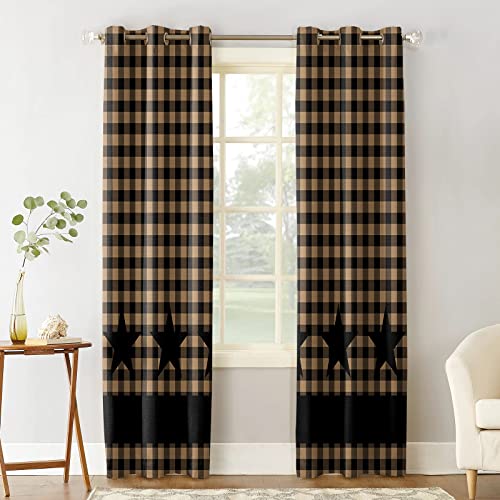 BOBOWUNY Texas Barn Stars Blackout Curtains 63 Inches Length, Rustic Country Cabin Star Plaid Brown Farmhouse Window Treatment Thermal Insulated Drapes for Bedroom Living Room 2 Panels 84x63 Inches