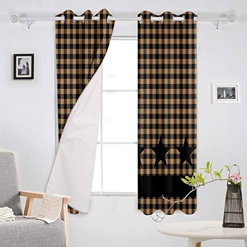 BOBOWUNY Texas Barn Stars Blackout Curtains 63 Inches Length, Rustic Country Cabin Star Plaid Brown Farmhouse Window Treatment Thermal Insulated Drapes for Bedroom Living Room 2 Panels 84x63 Inches