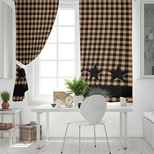 BOBOWUNY Texas Barn Stars Blackout Curtains 63 Inches Length, Rustic Country Cabin Star Plaid Brown Farmhouse Window Treatment Thermal Insulated Drapes for Bedroom Living Room 2 Panels 84x63 Inches