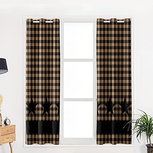 BOBOWUNY Texas Barn Stars Blackout Curtains 63 Inches Length, Rustic Country Cabin Star Plaid Brown Farmhouse Window Treatment Thermal Insulated Drapes for Bedroom Living Room 2 Panels 84x63 Inches