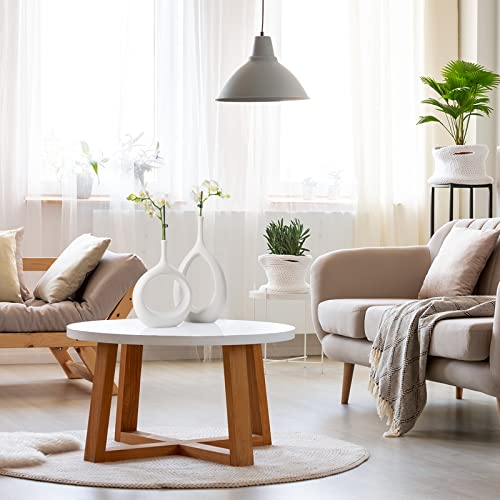 White Ceramic Hollow Vases Set of 2, Flower Vase for Decor, Modern Decorative Vase Centerpiece for Wedding Dinner Table Party Living Room Office Bedroom, Housewarming Gift