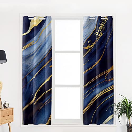 BOBOWUNY Marble Blackout Curtains 90 Inches Length, Modern Navy Blue Abstract Gold Window Treatment Thermal Insulated Drapes for Bedroom Living Room 2 Panels 104x90 Inches