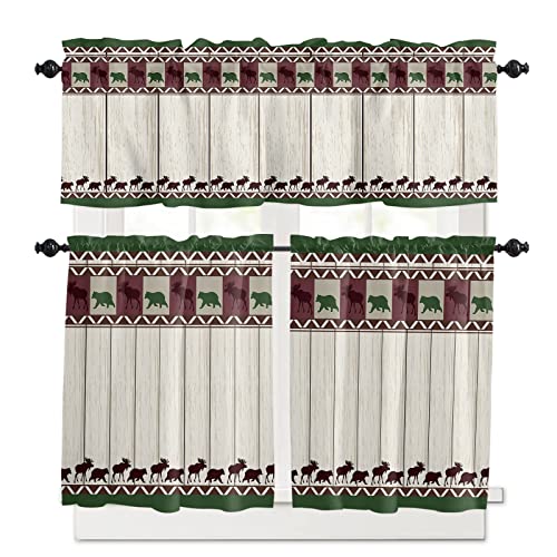 Bear Moose Kitchen Curtain Valance and Tier Set, Rustic Farmhouse Wood Short Half Window Treatments Rod Pocket Curtain Panels for Bedroom Living Room, 54x18 Valance 55x36 Tier