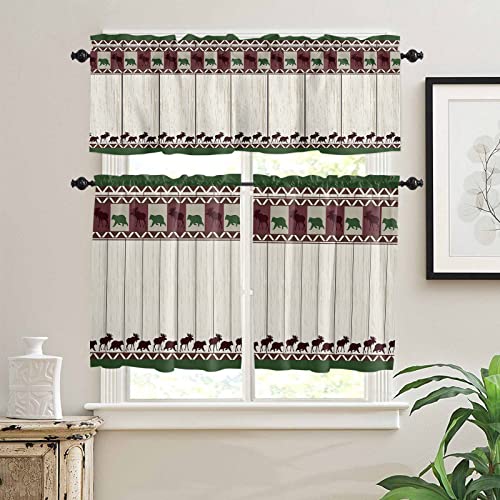 Bear Moose Kitchen Curtain Valance and Tier Set, Rustic Farmhouse Wood Short Half Window Treatments Rod Pocket Curtain Panels for Bedroom Living Room, 54x18 Valance 55x36 Tier