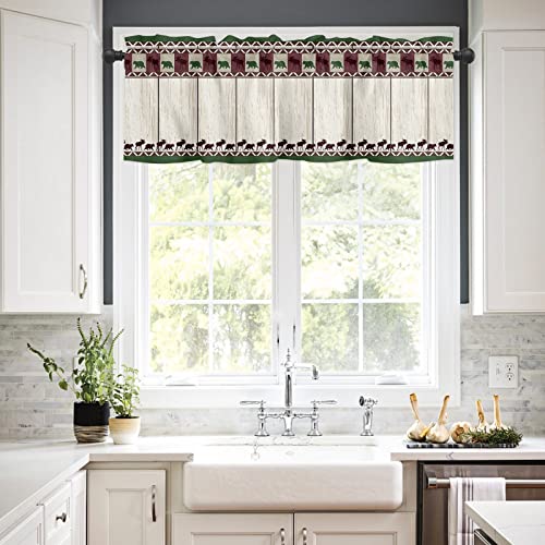 Bear Moose Kitchen Curtain Valance and Tier Set, Rustic Farmhouse Wood Short Half Window Treatments Rod Pocket Curtain Panels for Bedroom Living Room, 54x18 Valance 55x36 Tier