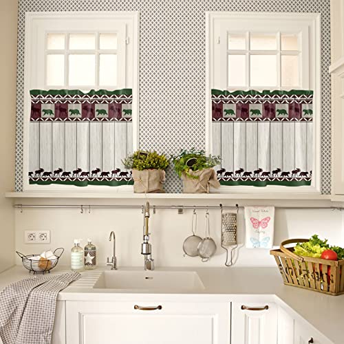 Bear Moose Kitchen Curtain Valance and Tier Set, Rustic Farmhouse Wood Short Half Window Treatments Rod Pocket Curtain Panels for Bedroom Living Room, 54x18 Valance 55x36 Tier