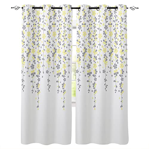 BOBOWUNY Cherry Blossoms Floral Blackout Curtains 90 Inches Length, Spring Yellow Grey Flower Window Treatment Thermal Insulated Drapes for Bedroom Living Room 2 Panels 104x90 Inches
