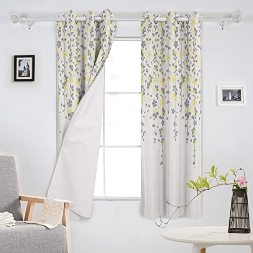 BOBOWUNY Cherry Blossoms Floral Blackout Curtains 90 Inches Length, Spring Yellow Grey Flower Window Treatment Thermal Insulated Drapes for Bedroom Living Room 2 Panels 104x90 Inches
