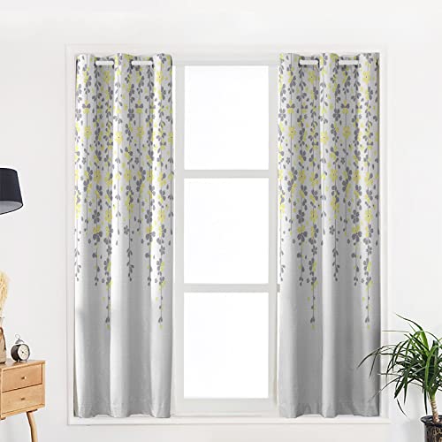 BOBOWUNY Cherry Blossoms Floral Blackout Curtains 90 Inches Length, Spring Yellow Grey Flower Window Treatment Thermal Insulated Drapes for Bedroom Living Room 2 Panels 104x90 Inches