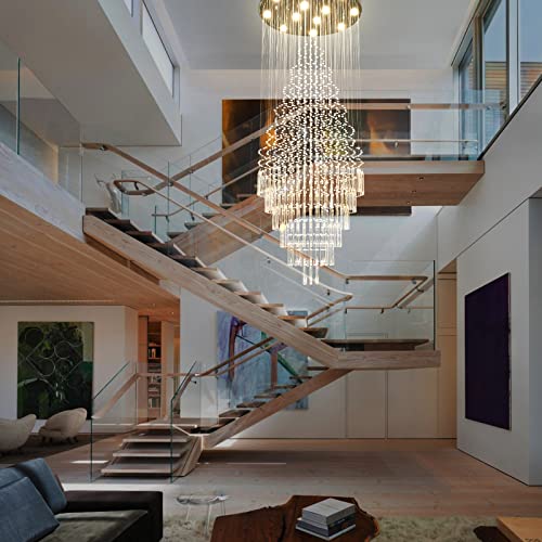 Luxury Large Foyer Chandelier, Modern 12-Lights Round Raindrop Crystal Chandeliers High Ceiling Flush Mount Light Fixtures for LivingRoom Entryway, Stairs D31.5 X H86.7 of CRYSTOP