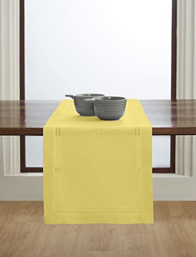 Solino Home Double Hemstitch Linen Table Runner – Sunshine Yellow 14 x 108 Inch – 100% Pure Linen Fabric Table Runner for Spring, Summer – Machine Washable and Handcrafted from European Flax
