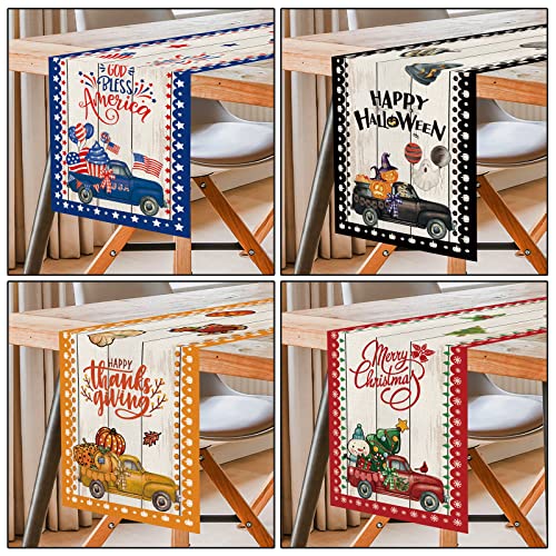 YOVOYOA 8 Pcs Truck Holiday Table Runner 72 Inches Long, Plaid Valentines Day St Patricks Day Mardi Gras Easter 4th of July Halloween Thanksgiving Day Christmas Burlap Table Decor for Home Party