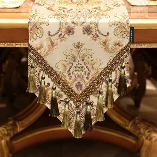 Loom and Mill Jacquard Table Runner 108 inches Long, Thick Fabric Floral Table Runners with Tassels for Dining Room Kitchen Holiday Table Setting Dresser Party Christmas Decor(Khaki,13”x 108”)