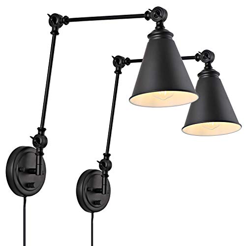 WINGBO Industrial Swing Arm Wall Lamp Set of 2, Farmhouse Style Black Wall Sconce Lighting, Adjustable Plug in/Hardwired Two-Way, for Living Room Bedroom Vanity Study Desk Office