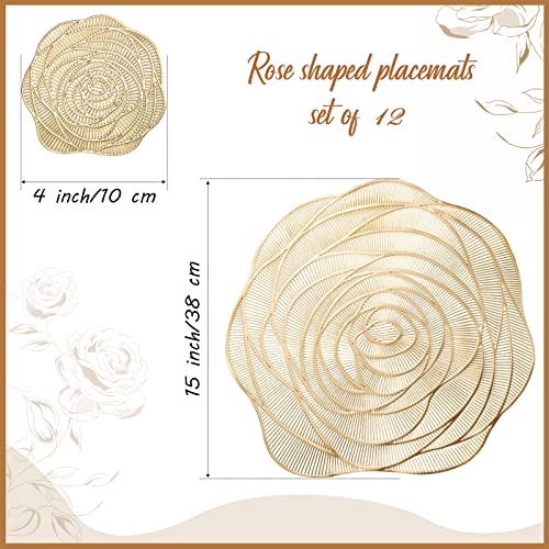 Sieral Round Pressed Vinyl Placemats Rose Gold Placemat Set Metallic Place Mat Coaster Including and Coasters Slip Resistant Table Mats for Dining Kitchen Decor (24 Pcs), 15 x 15 inches/ 38 x 38 cm