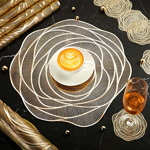 Sieral Round Pressed Vinyl Placemats Rose Gold Placemat Set Metallic Place Mat Coaster Including and Coasters Slip Resistant Table Mats for Dining Kitchen Decor (24 Pcs), 15 x 15 inches/ 38 x 38 cm