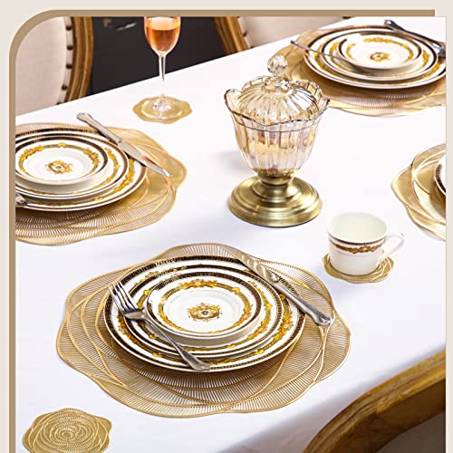 Sieral Round Pressed Vinyl Placemats Rose Gold Placemat Set Metallic Place Mat Coaster Including and Coasters Slip Resistant Table Mats for Dining Kitchen Decor (24 Pcs), 15 x 15 inches/ 38 x 38 cm
