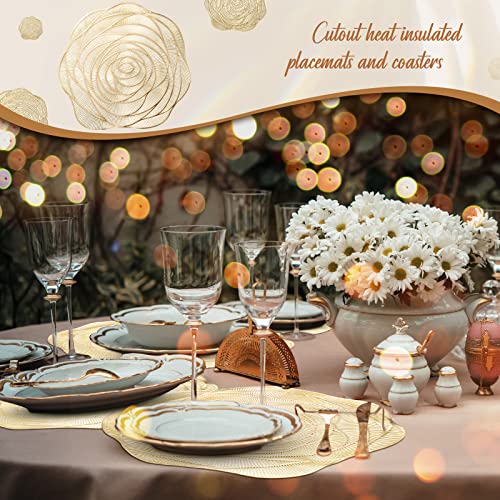 Sieral Round Pressed Vinyl Placemats Rose Gold Placemat Set Metallic Place Mat Coaster Including and Coasters Slip Resistant Table Mats for Dining Kitchen Decor (24 Pcs), 15 x 15 inches/ 38 x 38 cm