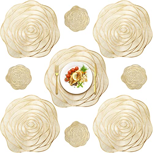 Sieral Round Pressed Vinyl Placemats Rose Gold Placemat Set Metallic Place Mat Coaster Including and Coasters Slip Resistant Table Mats for Dining Kitchen Decor (24 Pcs), 15 x 15 inches/ 38 x 38 cm