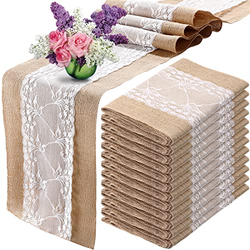 12 Pcs Burlap Table Runners with White Lace Rustic Wedding Table Runner Decor Vintage Romantic Table Cloth Party Favors for Engagement Birthday Hotel Home Table Decor, 12 x 108 Inch (Fresh Style)