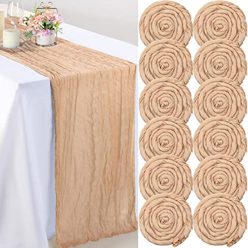 12 Pcs Cheesecloth Table Runner Bulk 13Ft Boho Gauze Table Runner Rustic 157 Inch Cheese Cloth Long Romantic Table Runner for Wedding Bridal Shower Birthday Party Cake Table Arbor Decor (Champagne)