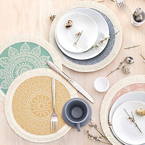 LOMOHOO Set of 4 Round Placemats 13 Inch Table Mats Boho Cotton Woven Mandala Tassels Heat Proof Washable Circle Place Mat for Kitchen Dining Wedding Farmhouse Home Decoration
