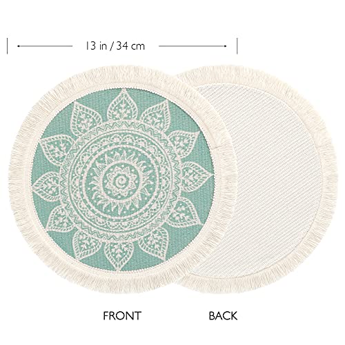LOMOHOO Set of 4 Round Placemats 13 Inch Table Mats Boho Cotton Woven Mandala Tassels Heat Proof Washable Circle Place Mat for Kitchen Dining Wedding Farmhouse Home Decoration